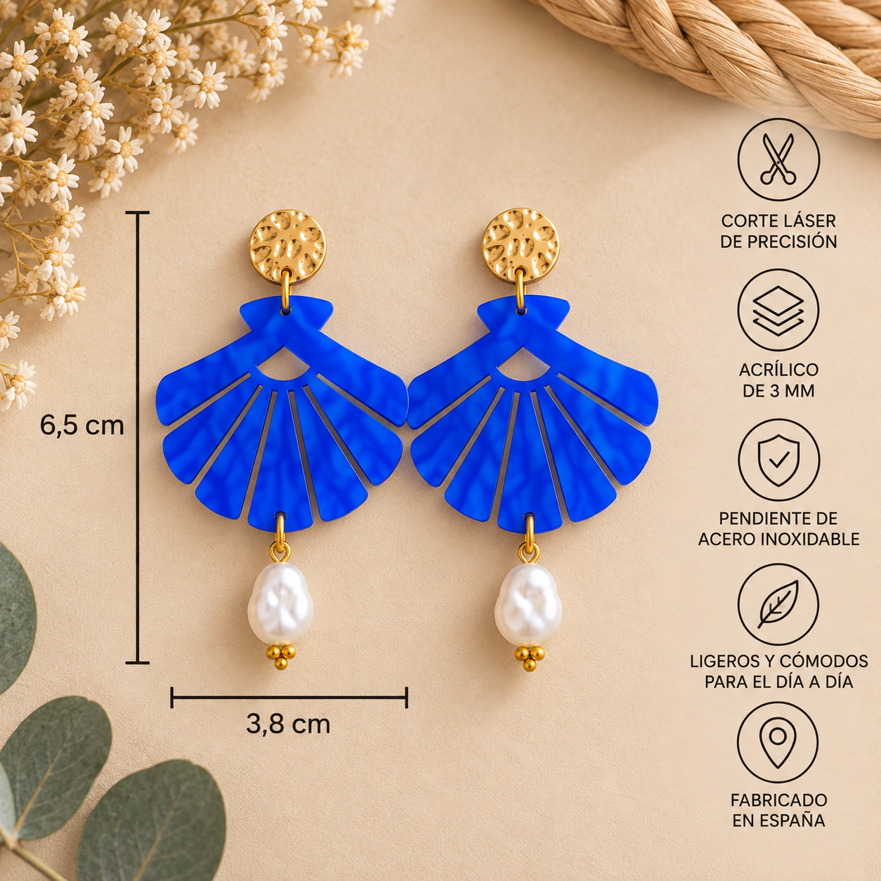 Pendiente en forma de concha con perla - Acrílico y acero inoxidable