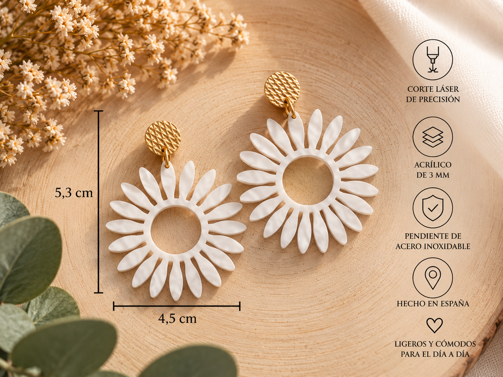 Pendientes Flor Margarita – Acrílico y Acero Inoxidable