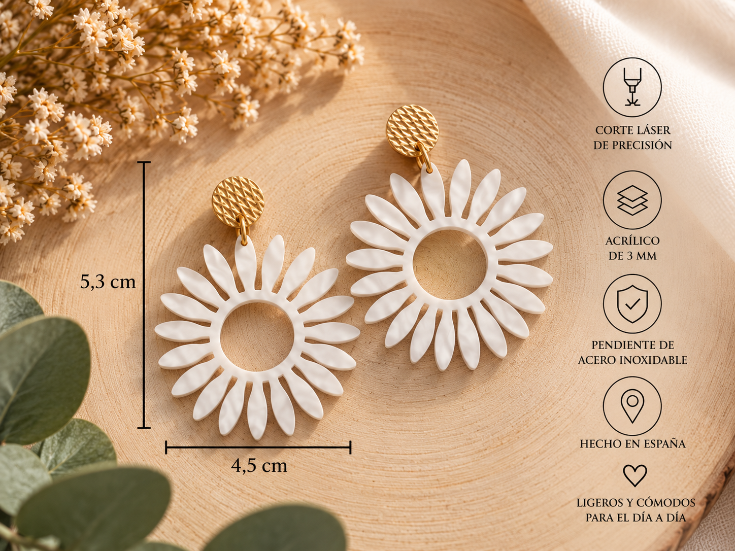 Pendientes Flor Margarita – Acrílico y Acero Inoxidable