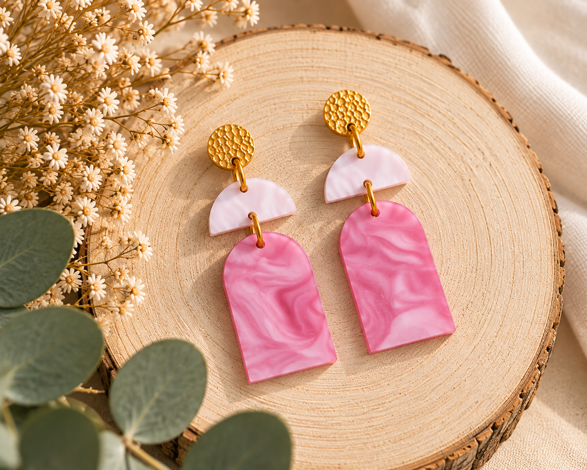 Pendientes Rosa Marmolado — Acrílico y Acero inoxidable
