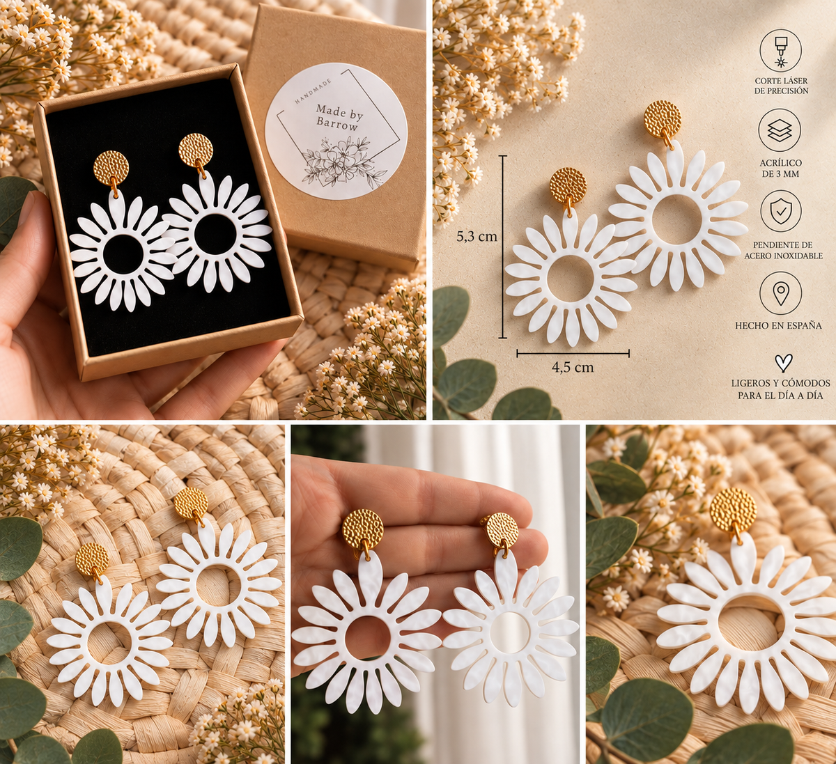 Pendientes Flor Margarita – Acrílico y Acero Inoxidable