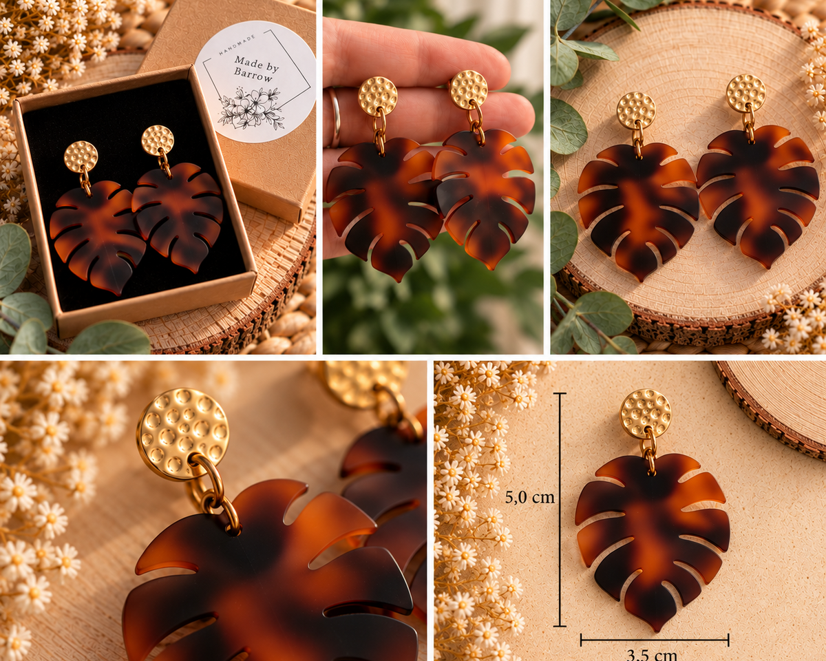 Pendientes Monstera Carey - Joyería Artesanal de Acrílico