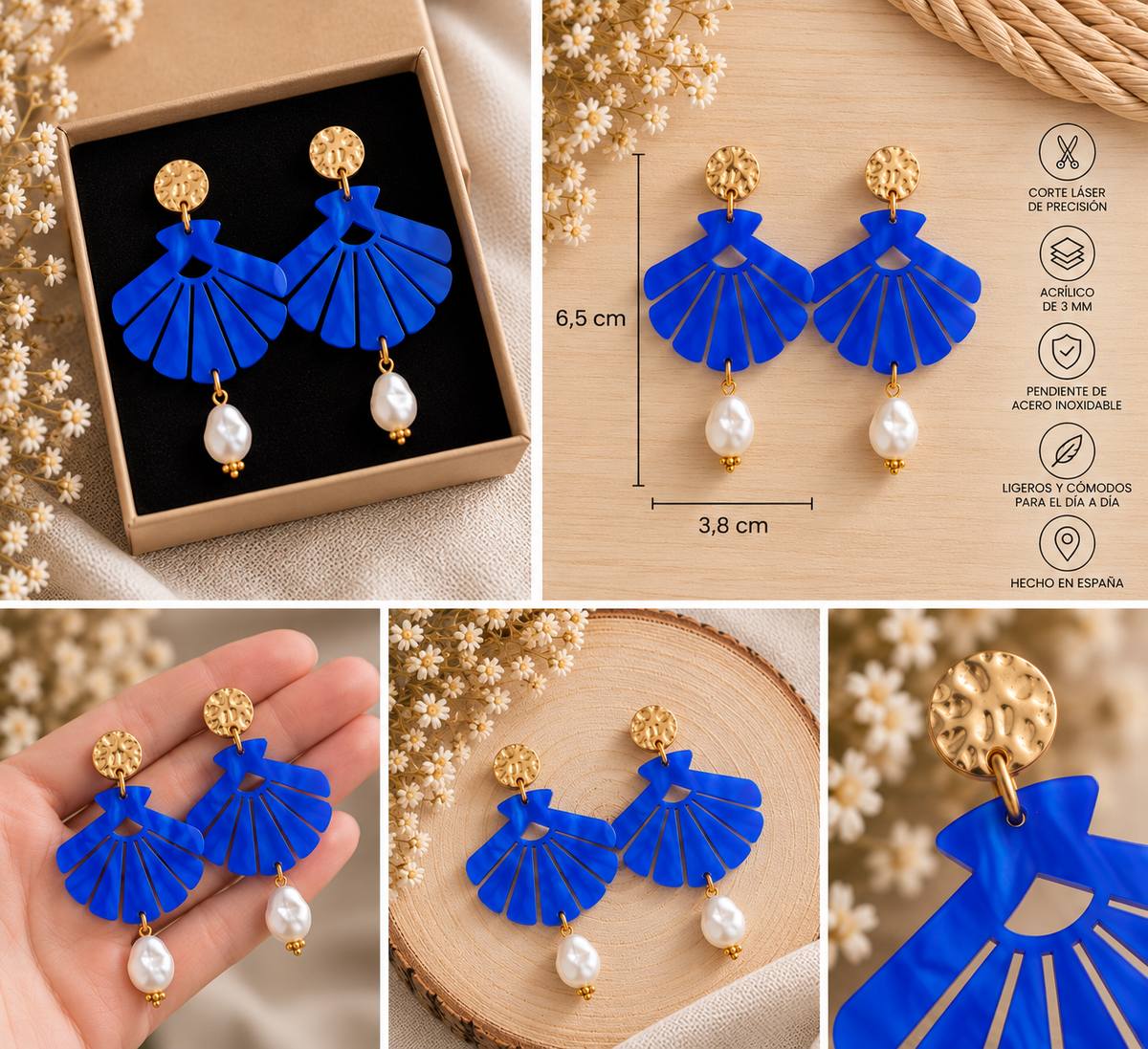 Pendiente en forma de concha con perla azul - Acrílico y acero inoxidable