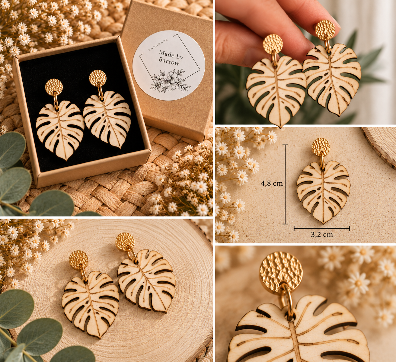 Pendientes Hoja Monstera de Madera Natural y Acero Inoxidable
