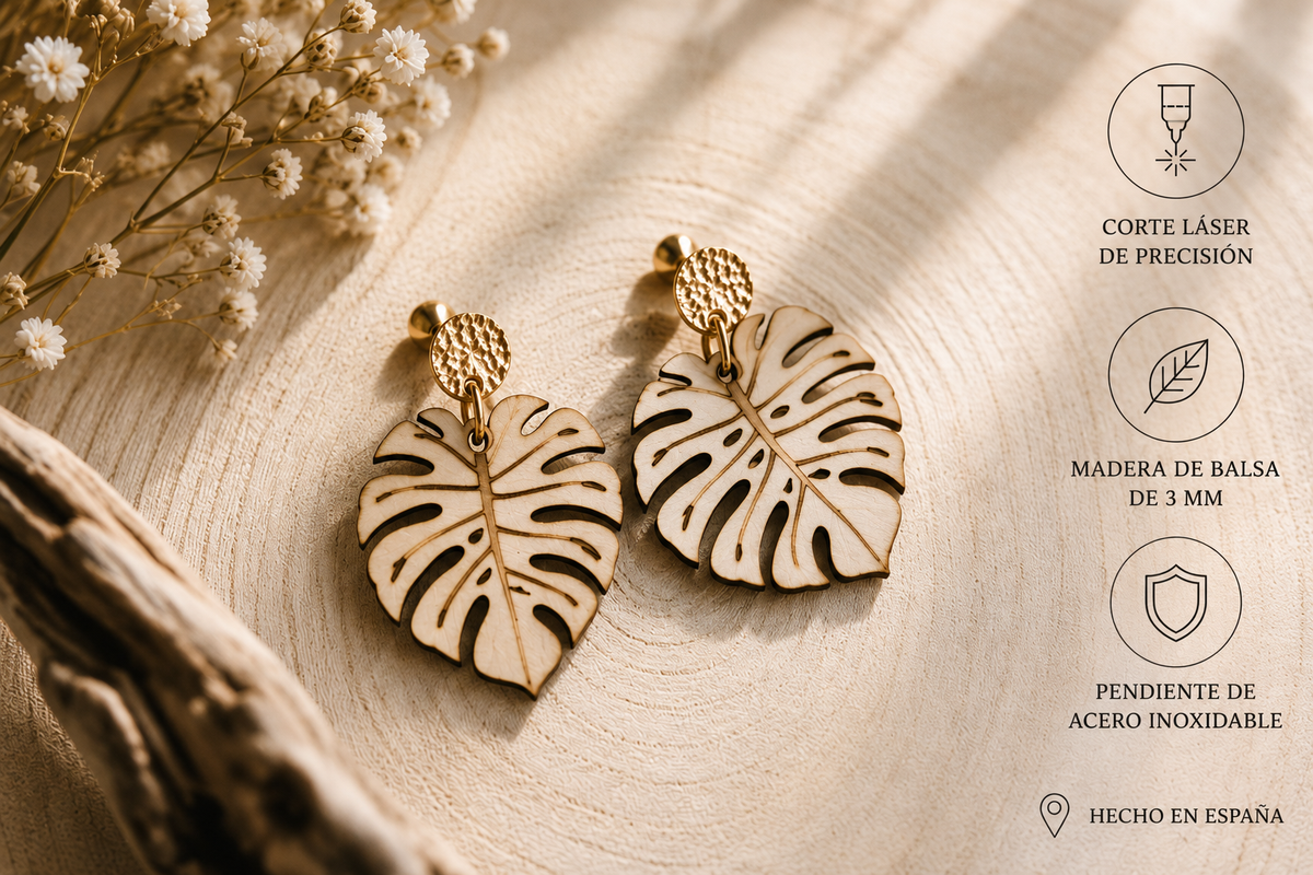 Pendientes Hoja Monstera de Madera Natural y Acero Inoxidable