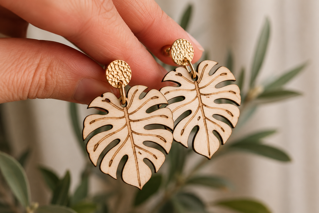 Pendientes Hoja Monstera de Madera Natural y Acero Inoxidable