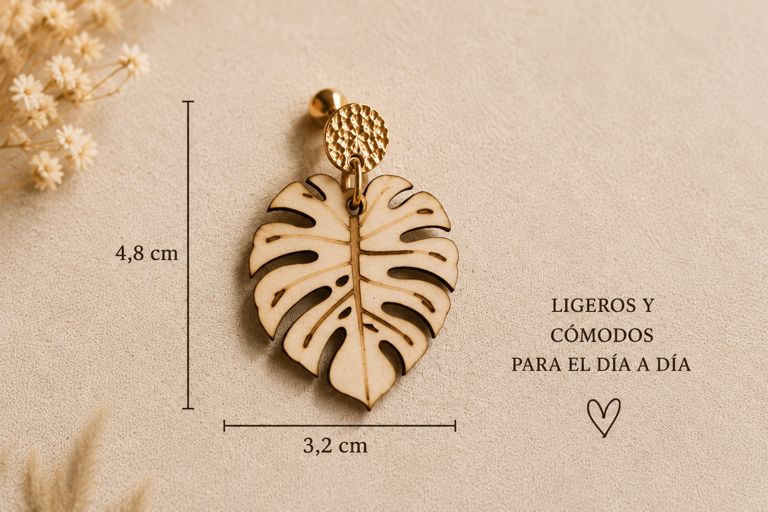 Pendientes Hoja Monstera de Madera Natural y Acero Inoxidable