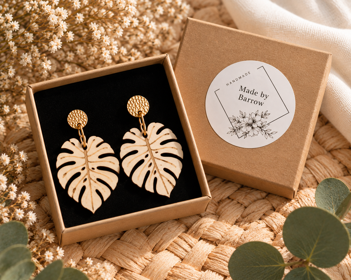 Pendientes Hoja Monstera de Madera Natural y Acero Inoxidable