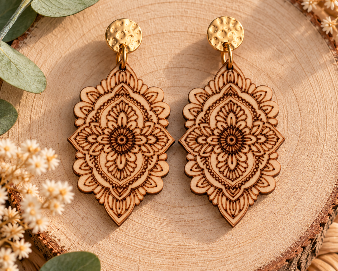 Pendientes Mandala de Madera - Joyería Artesanal de Madera