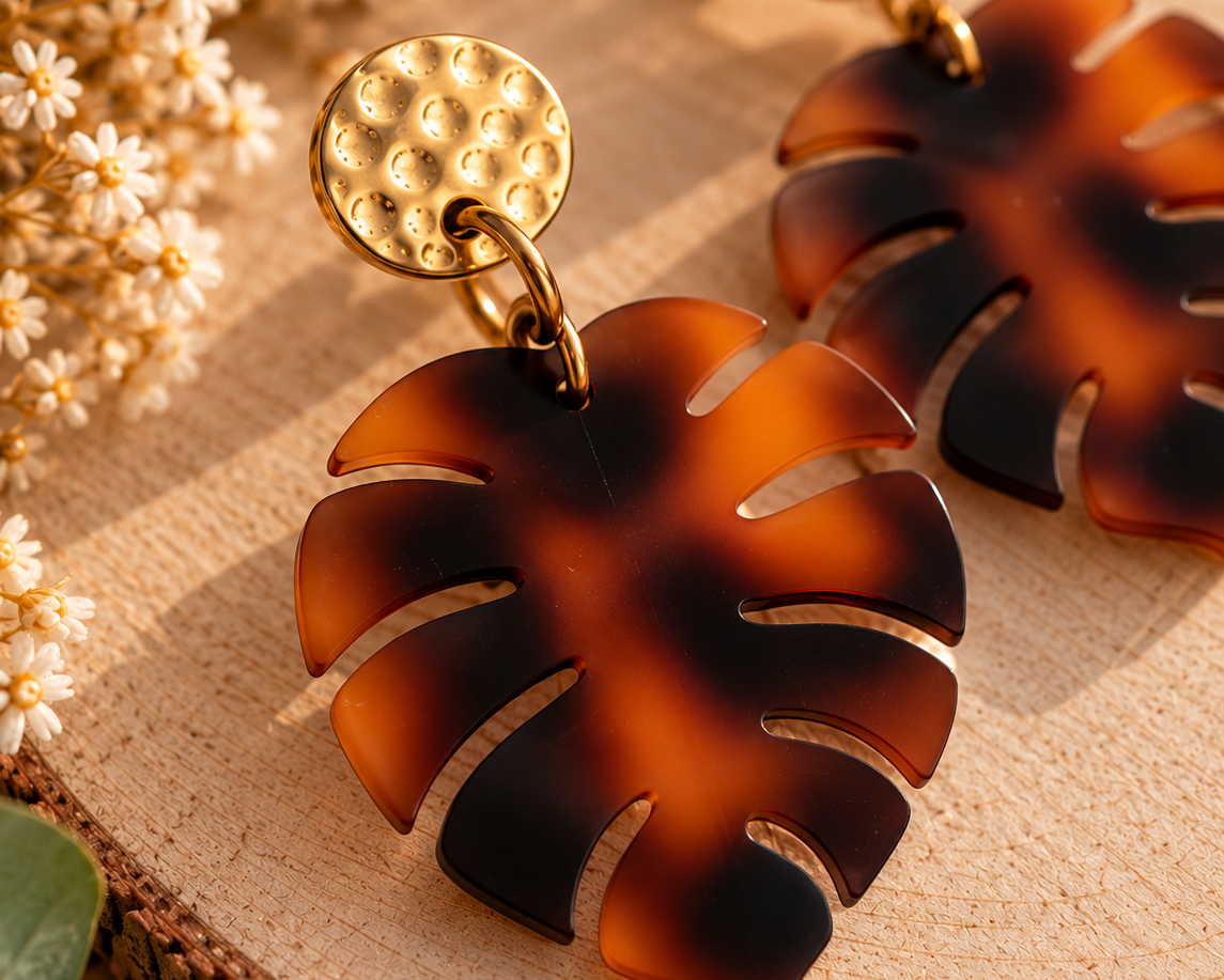Pendientes Monstera Carey - Joyería Artesanal de Acrílico