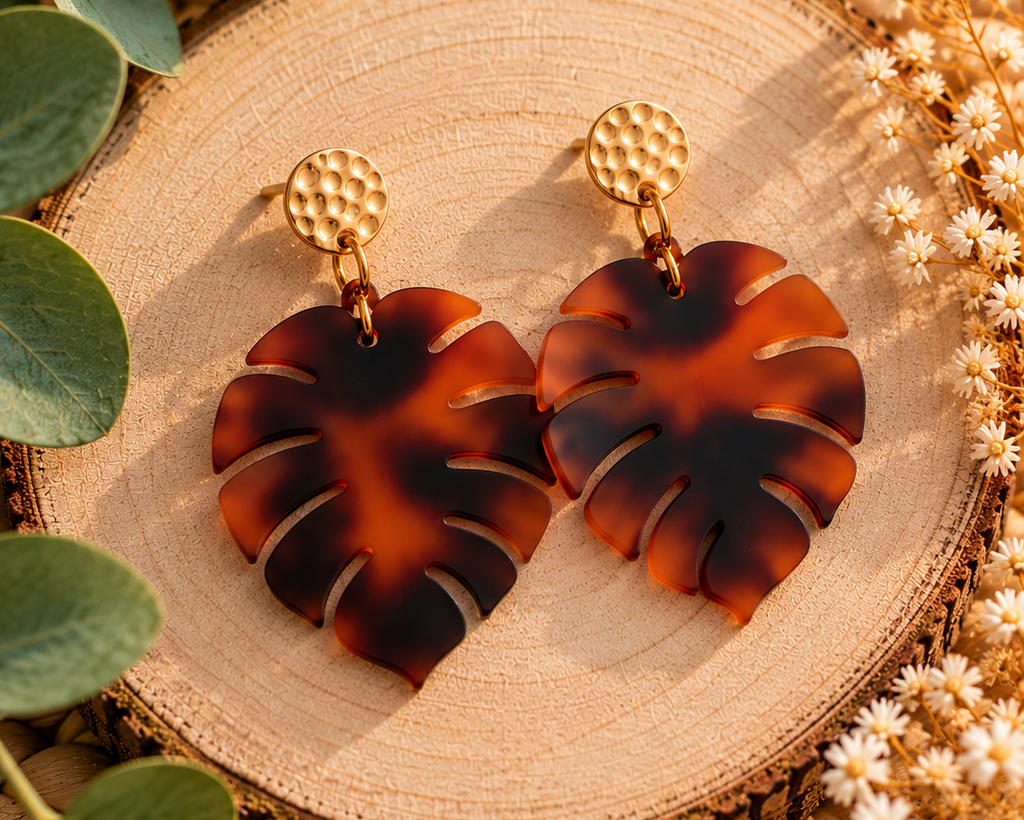 Pendientes Monstera Carey - Joyería Artesanal de Acrílico