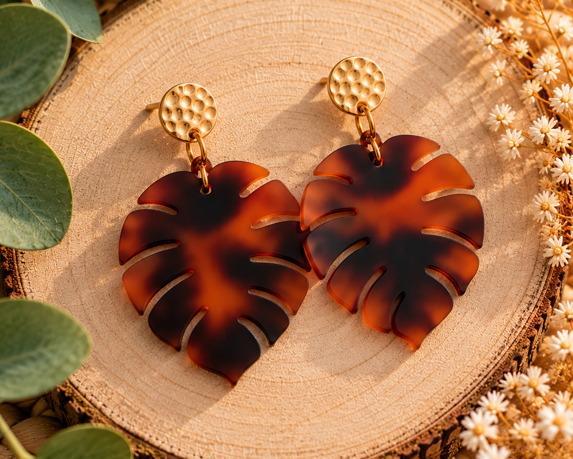 Pendientes Monstera Carey - Joyería Artesanal de Acrílico